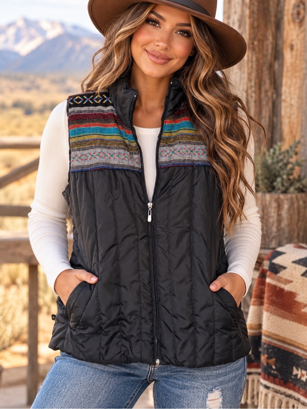 Great Northwest Indigo Quilted Vest Black Southwestern Woven Boho Full Zip